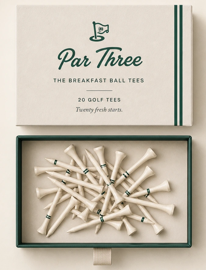 The Breakfast Ball Tees cream lid above an open forest-lined case of cream golf tees with forest stripes