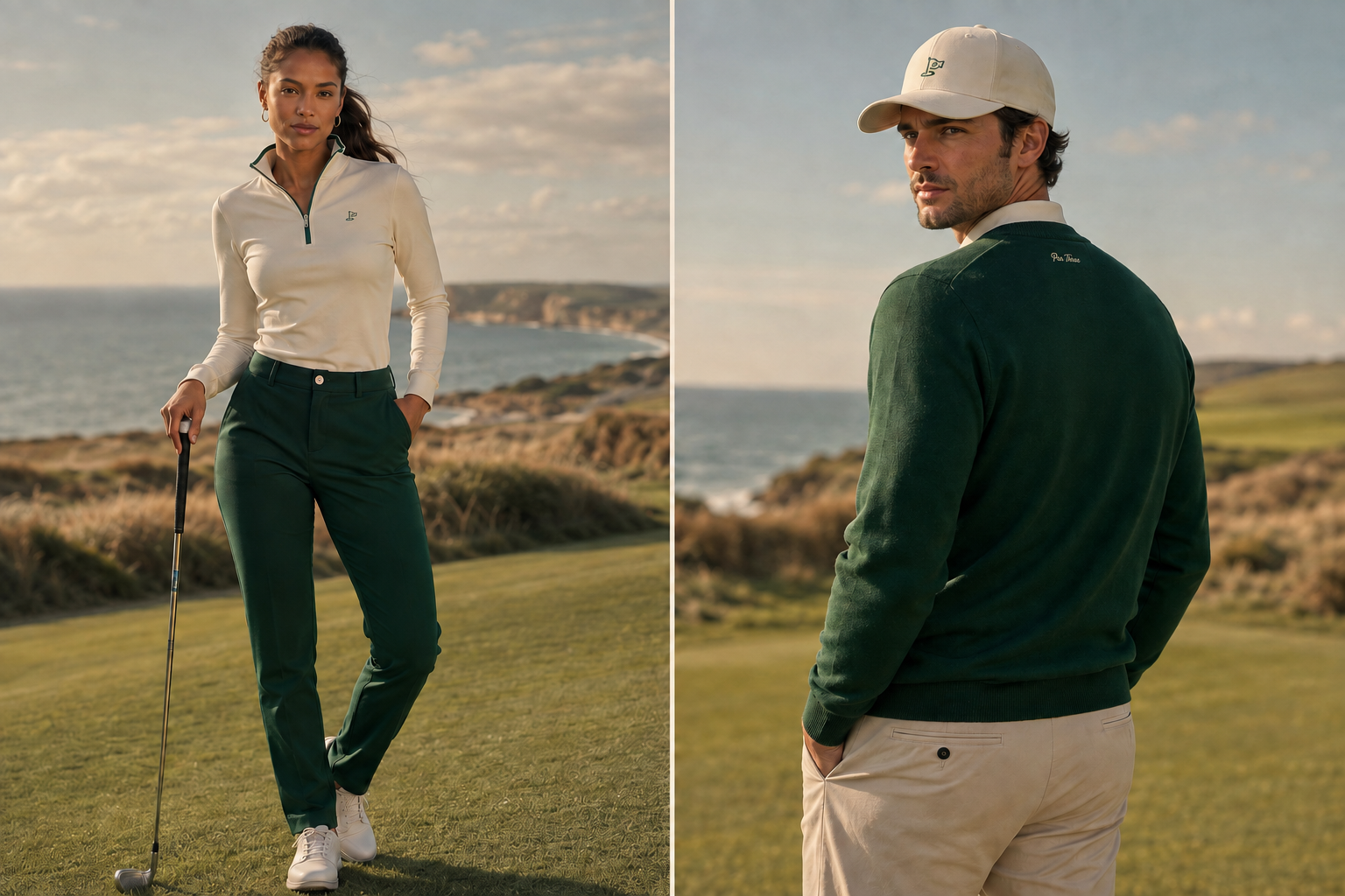 Par Three cream quarter-zip and forest knitwear styled beside a coastal golf course