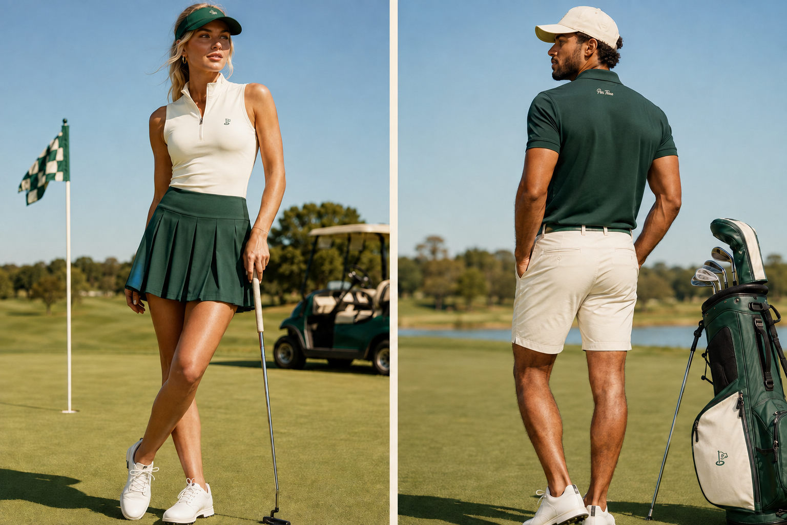 Cream and forest Par Three golfwear, styled with a pleated skirt, shorts, cap and visor on the green