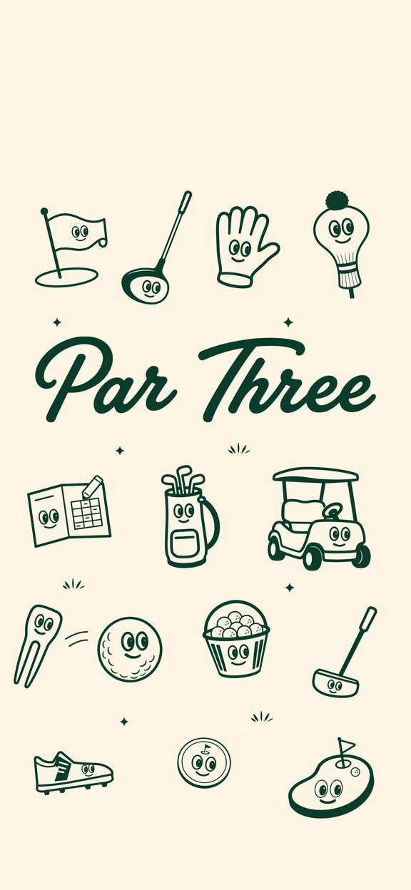 Par Three iPhone wallpaper in cream, with smiling golf characters, the Par Three wordmark and space above for the clock