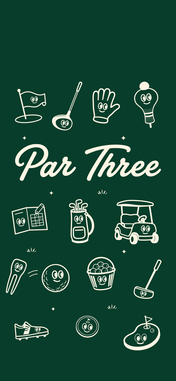 Par Three iPhone wallpaper in forest green, with smiling golf characters, the Par Three wordmark and space above for the clock