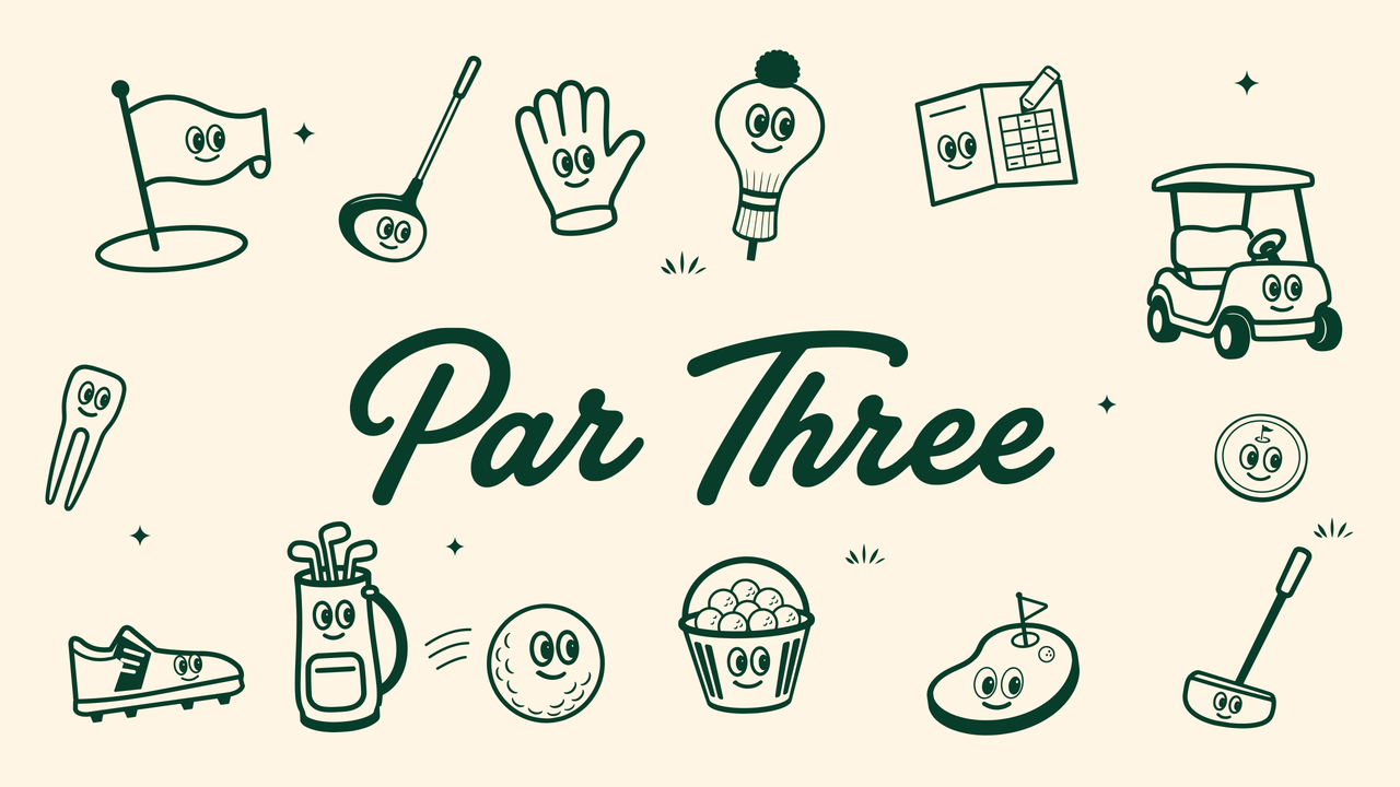 Par Three desktop wallpaper in cream, with smiling golf characters and the Par Three wordmark
