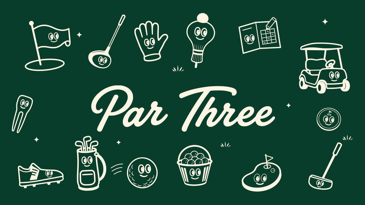 Par Three desktop wallpaper in forest, with smiling golf characters and the Par Three wordmark